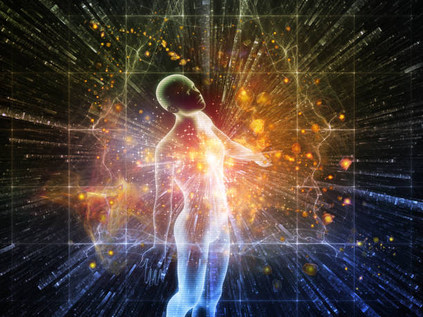 Light Within series. 3D rendering of human figure, radiating light and fractal elements on the subject of inner energy, astral dimension and spirituality.